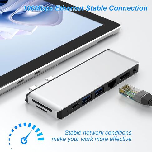 Surface Pro 11/10/9 Hub، Surface Pro 9 USB C Hub مع 4K HDMI، USB-C Thunderbolt 4 (فيديو 8K@30 هرتز + بيانات 40 جيجابت في الثانية + 100 واط PD)، RJ45، 2 * USB 3.0، صوت، فتحة بطاقة SD/TF، ​​لجهاز Surface Pro 11/10/9 in Kuwait