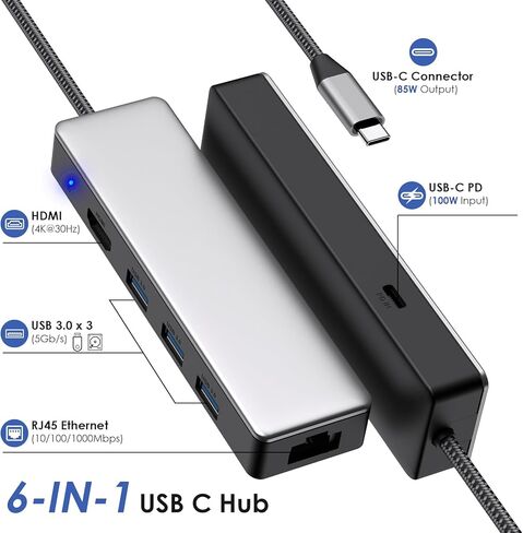 أجهزة محول USB C Hub 6 في 1 من النوع C، مع توصيل طاقة 4K@30 هرتز HDMI 3 USB 3.0 جيجابت إيثرنت 100 وات لنظام التشغيل Windows وMacBook Thunderbolt in Kuwait