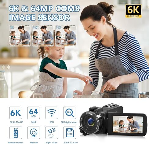VETEK Video Camera 6K 64MP UHD WiFi Vlogging Cameras for YouTube 18X Digital Zoom IR Night Vision 3.0'' Touch Screen Camcorder with 32GB Card, Microphone, Remote, Two Batteries in Kuwait