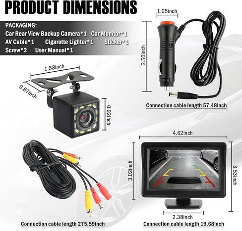 Plug & Play Backup Camera with Monitor 4.6",12LED HD Backup Camera for Car with Night Vision Function & 150° Wide Angle,Universal Waterproof Rear View Cameras for Cars,SUVs in Kuwait