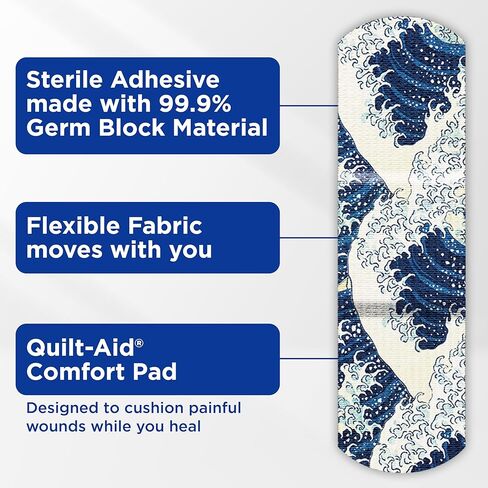 ضمادات لاصقة من القماش المرن من العلامة التجارية BAND-AID تتميز بتصميمات من كاتسوشيكا هوكوساي، حماية معقمة مريحة وإسعافات أولية للعناية بالجروح البسيطة، علبة معدنية قابلة للتجميع، أحجام متنوعة، 50 قطعة in Kuwait