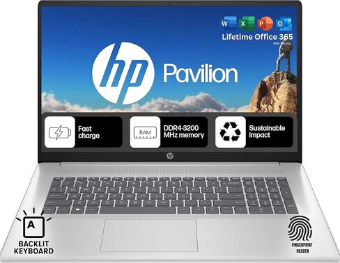 كمبيوتر محمول HP 17.3 بلوحة مفاتيح بإضاءة خلفية مع قارئ بصمات الأصابع | لا يوجد شاشة لمس | مكتب 365 للويب | معالج Intel 10-Core i5 وIris Xe Graphics | ذاكرة وصول عشوائي سعتها 16 جيجابايت، وتخزين SSD سعة 256 جيجابايت | ويندوز 11 بدون ماوس in Kuwait