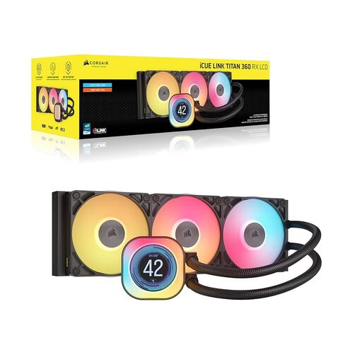 مبرد وحدة المعالجة المركزية السائل Corsair iCUE Link Titan 360 RX LCD - 360 مم AIO - ضوضاء منخفضة - Intel LGA 1851/1700، AMD AM5/AM4 - 3X RX120 RGB Fans - يتضمن محور نظام iCUE Link - أسود (متجدد) in Kuwait