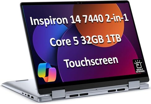 كمبيوتر محمول Dell Inspiron 14 7440 2 في 1 (14 بوصة FHD + شاشة لمس، Intel Core 5 120U (> i7-1355U)، 16 جيجابايت DDR5، 512 جيجابايت SSD)، للمصمم، المبدع، عمر بطارية طويل 10 ساعات، إضاءة خلفية، Win 11 Pro مع مساعد الذكاء الاصطناعي in Kuwait