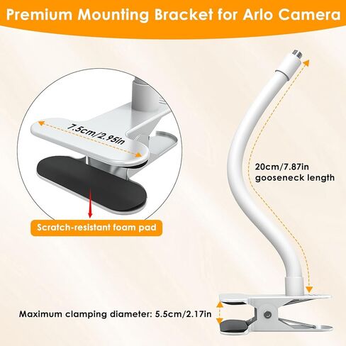 Flexible Clamp Mount for Arlo Essential Indoor/Outdoor Pan Tilt Security Camera 2K (2025 Release), Gooseneck Monitor Mounting Bracket for Pole/Desk/Shelf, No Wall Damage, for Indoor/Outdoor, 2 Pack in Kuwait