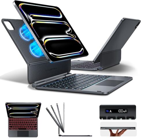 حافظة لوحة مفاتيح مغناطيسية من LAUDTEC لجهاز iPad Pro مقاس 13 بوصة (M5 2025 / M4 2024)، غطاء جلدي رفيع ملمس الجلد مع شاشة طاقة LCD ذكية، لوحة تتبع متعددة اللمس وإضاءة خلفية 7 ألوان، أسود in Kuwait