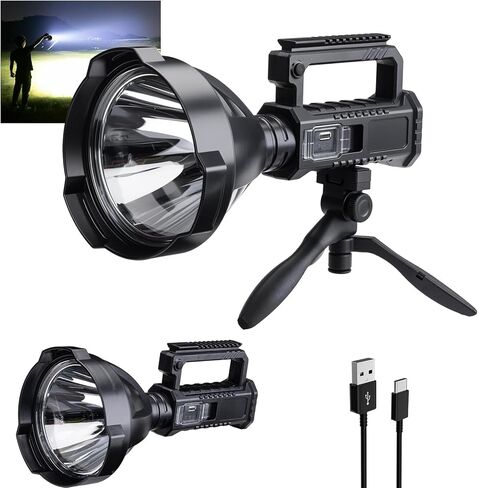Rechargeable Spotlight Flashlight, Peascat 3,000,000L Lumens Super Bright Led Handheld Spot Light with 4 Modes, IPX5 Waterproof, 10H Runtime, Adjustable Tripod, USB-C Charging for Camping Fishing Boat in Kuwait