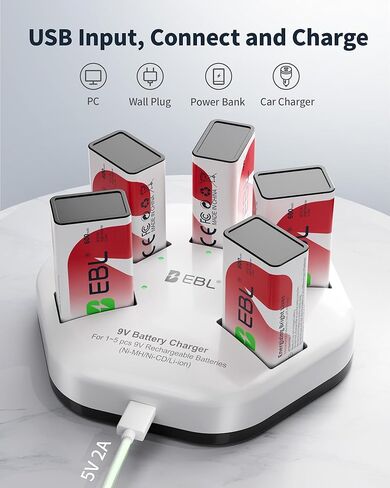 بطاريات EBL قابلة للشحن 9 فولت بطاريات ليثيوم أيون 600 مللي أمبير في الساعة 5 عبوات مع شاحن بطارية 5 خليج 9 فولت in Kuwait