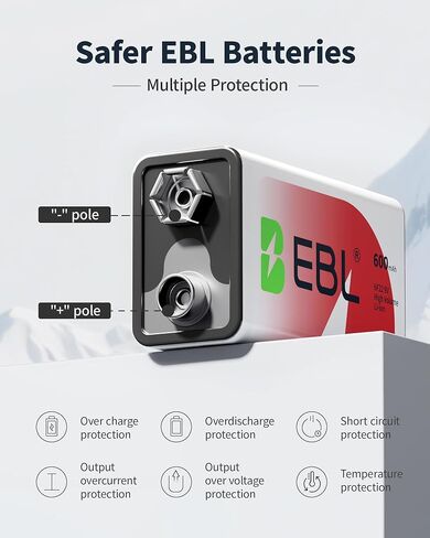 بطاريات EBL قابلة للشحن 9 فولت بطاريات ليثيوم أيون 600 مللي أمبير في الساعة 5 عبوات مع شاحن بطارية 5 خليج 9 فولت in Kuwait