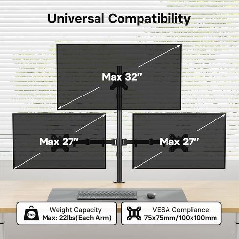 Triple Monitor Desk Mount for 13-32" Screens, Full Motion Adjustable VESA Compatible Stand, 22lbs Capacity in Kuwait