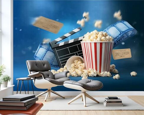 قشر والصق ورق جدران سينما أزرق ثلاثي الأبعاد كائنات واقعية شريط الفشار ذاتي اللصق جدار جدارية قابلة للإزالة ديكور جدار لغرفة المعيشة بنين بنات غرفة نوم الحضانة in Kuwait