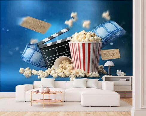 قشر والصق ورق جدران سينما أزرق ثلاثي الأبعاد كائنات واقعية شريط الفشار ذاتي اللصق جدار جدارية قابلة للإزالة ديكور جدار لغرفة المعيشة بنين بنات غرفة نوم الحضانة in Kuwait