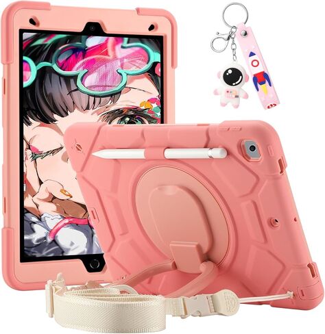 for iPad 9th/8th/7th Generation Case 10.2", Heavy Sturdy Shockproof Kids Cover, with Rotating Stand/Pencil Holder/Shoulder Strap for iPad 10.2 Case 2021/2020/2019 Girls (Rainbow Pink) in Kuwait