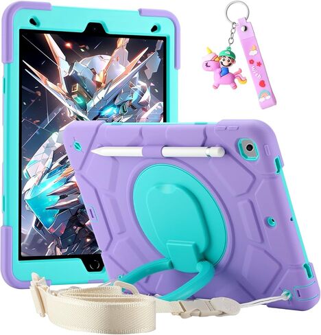 حافظة لجهاز iPad 9th/8th/7th Generation مقاس 10.2 بوصة، غطاء أطفال قوي وقوي مقاوم للصدمات، مع حامل دوار/حامل قلم رصاص/حزام كتف لجهاز iPad 10.2 حافظة 2021/2020/2019 للفتيات (وردي قوس قزح) in Kuwait