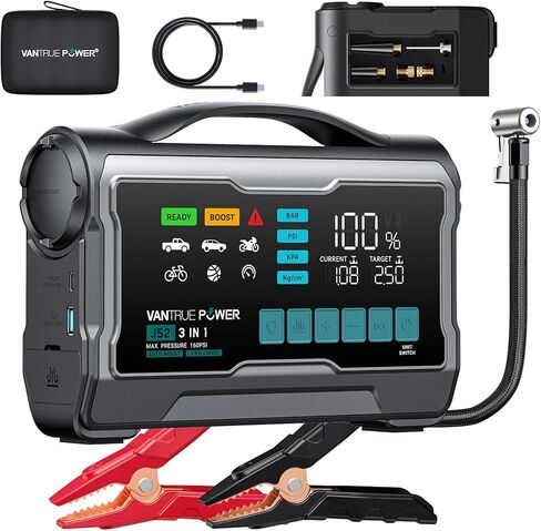 JS3 3250A Jump Starter مع ضاغط هواء 160 رطل لكل بوصة مربعة، معزز بطارية السيارة 12 فولت مع شاشة كبيرة 9 بوصات، بنك طاقة سريع الشحن 65 وات، ضوء LED 400 لومن - لمحركات الديزل 8.0 لتر/3.8 لتر in Kuwait