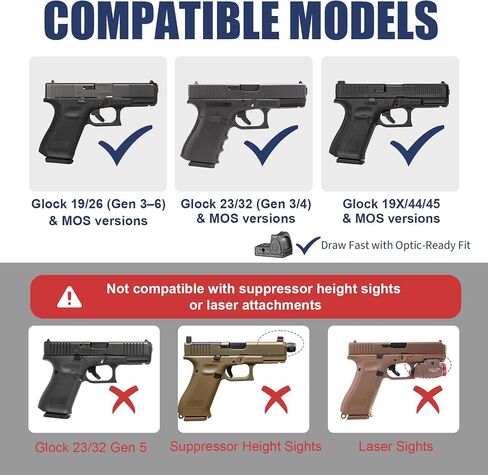 حافظة OWB Kydex لـ Glock 19/19X/26/44/45 ومتوافقة مع G23/G32 Gen3-4، تناسب نماذج MOS، تصميم كمامة مفتوح جاهز للبصريات، حمل حزام الخصر الخارجي لليد اليمنى، احتفاظ قابل للتعديل وحزام مقاس 1.5-2.25 بوصة in Kuwait