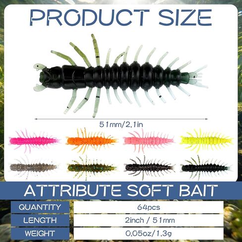 64 Pcs Fishing Worm Lures 3 Inch Hellgrammite Fishing Lures Soft Plastic Hellgrammite Worms Colorful Lifelike Swimming Action Freshwater Lure Baits Accessories for Freshwater Saltwater in Kuwait