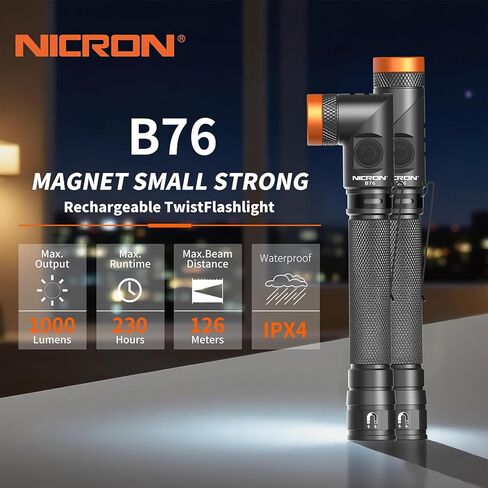 NICRON B76 2AA Penlight Flashlight Rechargeable, 1000 High Lumen 6 Modes Max 230hours with 90 Degree Rotatable and Magnetic Base Handfree Flashlight for Work,Repair, Emergency in Kuwait
