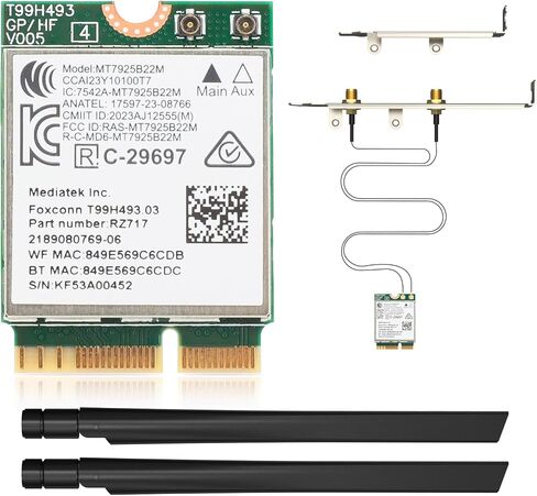 WiFi 7 BE6500 M.2 2230 Wireless Card for Desktop PC, MT7925 Tri-Band 6GHz/5GHz/2.4GHz, Bluetooth 5.4, 802.11be 6.5Gbps Network Adapter, for Intel/AMD Windows 11 & Linux 6.7+, Not CNVi in Saudi Arabia