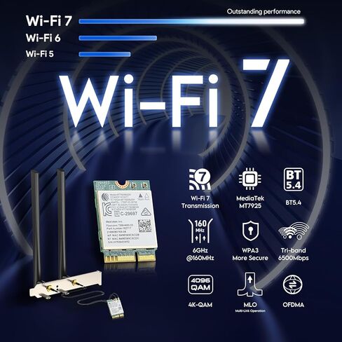 WiFi 7 BE6500 M.2 2230 Wireless Card for Desktop PC, MT7925 Tri-Band 6GHz/5GHz/2.4GHz, Bluetooth 5.4, 802.11be 6.5Gbps Network Adapter, for Intel/AMD Windows 11 & Linux 6.7+, Not CNVi in Saudi Arabia