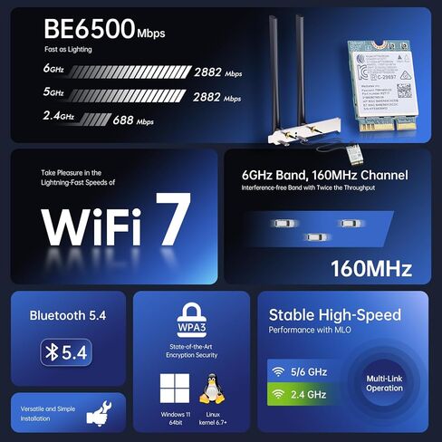 WiFi 7 BE6500 M.2 2230 Wireless Card for Desktop PC, MT7925 Tri-Band 6GHz/5GHz/2.4GHz, Bluetooth 5.4, 802.11be 6.5Gbps Network Adapter, for Intel/AMD Windows 11 & Linux 6.7+, Not CNVi in Saudi Arabia