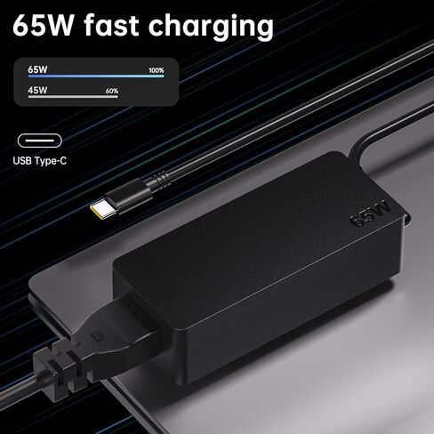 شاحن كمبيوتر محمول للشحن السريع بقدرة 65 وات USB-C - بديل مثالي لجهاز Lenovo ThinkPad T480/T480s/T490/T580، وYoga 7i، وChromebook والنماذج باستخدام محول التيار المتردد، ومصدر طاقة مدمج للمنزل والمكتب والسفر in Kuwait