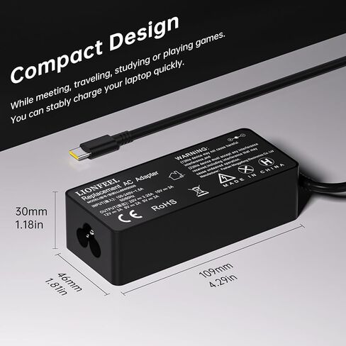 شاحن كمبيوتر محمول للشحن السريع بقدرة 65 وات USB-C - بديل مثالي لجهاز Lenovo ThinkPad T480/T480s/T490/T580، وYoga 7i، وChromebook والنماذج باستخدام محول التيار المتردد، ومصدر طاقة مدمج للمنزل والمكتب والسفر in Kuwait