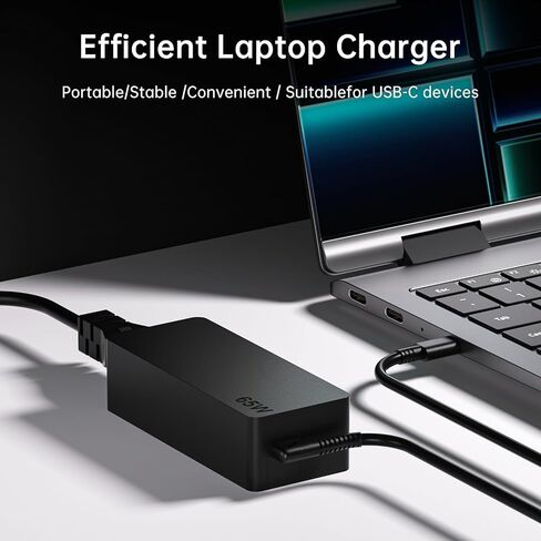 شاحن كمبيوتر محمول للشحن السريع بقدرة 65 وات USB-C - بديل مثالي لجهاز Lenovo ThinkPad T480/T480s/T490/T580، وYoga 7i، وChromebook والنماذج باستخدام محول التيار المتردد، ومصدر طاقة مدمج للمنزل والمكتب والسفر in Kuwait