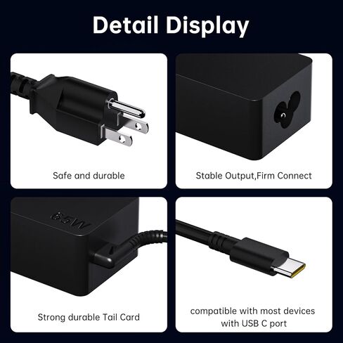 شاحن كمبيوتر محمول للشحن السريع بقدرة 65 وات USB-C - بديل مثالي لجهاز Lenovo ThinkPad T480/T480s/T490/T580، وYoga 7i، وChromebook والنماذج باستخدام محول التيار المتردد، ومصدر طاقة مدمج للمنزل والمكتب والسفر in Kuwait