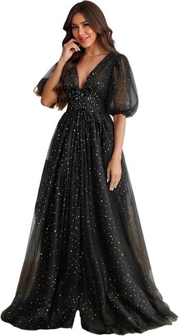 Xijun Women's Sparkle Starry Tulle A Line Puffy Sleeve Prom Dresses with Slit Formal Evening Party Gowns in Saudi Arabia