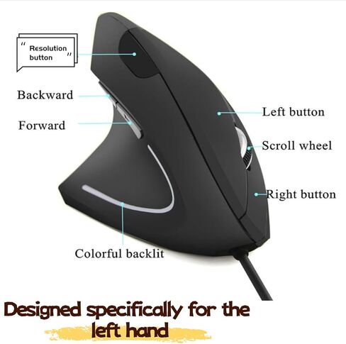 Ergonomic Mouse Left Hand,Vertical USB Wired Mouse Left-Handed Mice,3 Adjustable Resolution (800/1200/1600),USB Optical Gaming Office Mouse for PC Laptop Computer Desktop Mac Specially for Lefty in Kuwait