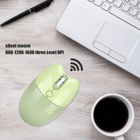 Bluetooth Mouse, 2.4G Cute Cartoon Cat Dual Mode Computer Mouse for Tablet Phone, Three Level Dpi Mini Silent for Office Home(Green) in Kuwait