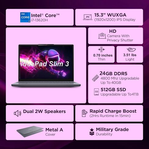 Lenovo Laptop Computer, Intel 10-Core i7-13620H (Beat Ultra 7 255U), 24GB DDR5 RAM, 1TB PCIe SSD, WiFi 6, BT 5.2, 15" FHD+, IdeaPad Slim 3 Copilot PC for Business and Home, Luna Grey, Windows 11 Pro in Kuwait