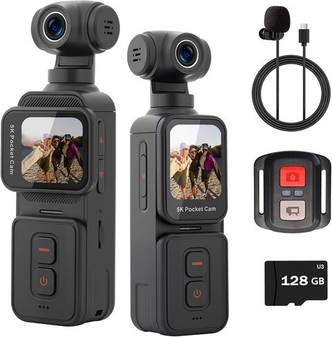 كاميرا تسجيل فيديو بدقة 5K مع شاشة تعمل باللمس، وكاميرا جيب Action Cam Wi-Fi Body POV مع عدسة إلكترونية دوارة بزاوية 270 درجة، وتتبع الوجه، وجهاز التحكم عن بعد، وميكروفون خارجي، وبطاقة 128 جيجابايت in Kuwait