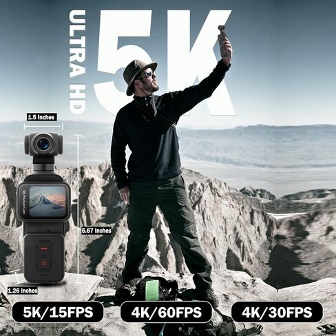 كاميرا تسجيل فيديو بدقة 5K مع شاشة تعمل باللمس، وكاميرا جيب Action Cam Wi-Fi Body POV مع عدسة إلكترونية دوارة بزاوية 270 درجة، وتتبع الوجه، وجهاز التحكم عن بعد، وميكروفون خارجي، وبطاقة 128 جيجابايت in Kuwait