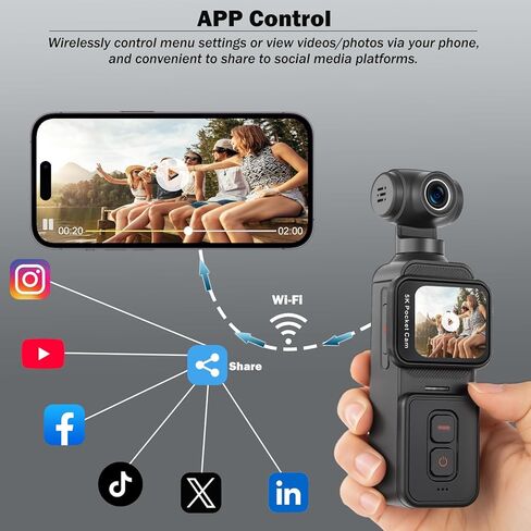 كاميرا تسجيل فيديو بدقة 5K مع شاشة تعمل باللمس، وكاميرا جيب Action Cam Wi-Fi Body POV مع عدسة إلكترونية دوارة بزاوية 270 درجة، وتتبع الوجه، وجهاز التحكم عن بعد، وميكروفون خارجي، وبطاقة 128 جيجابايت in Kuwait