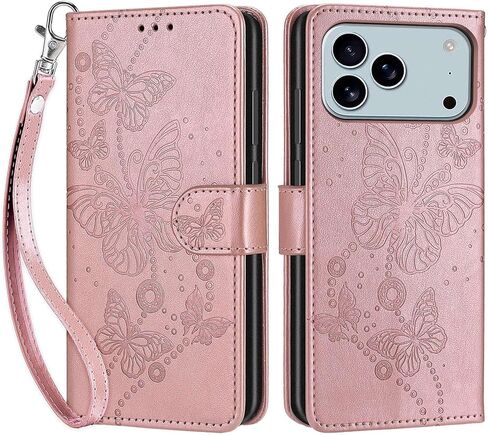 for iPhone 17 Pro Max Wallet case, Flip Folio Cover with Stand Feature for Women Men, PU Leather Phone Case Fit for iPhone 17 Pro Max 6.9 inch [Rose Gold-Butterfly] in Saudi Arabia