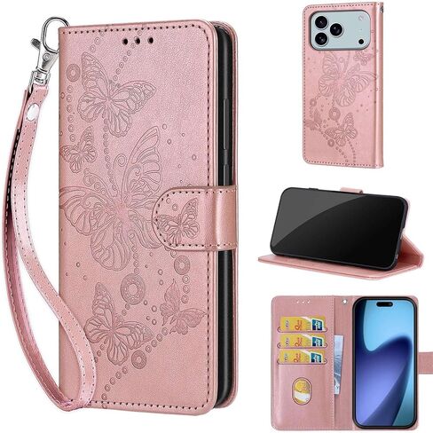 Designed for iPhone 17 Pro Case Wallet,Women Flip Folio Cover with Embossed PU Leather Stand Credit Card Holders Slots Wrist Strap Phone Case for iPhone 17 Pro 6.3 inch (Rose Gold Butterfly) in Kuwait