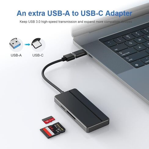 5-in-1 USB 3.0 Hub with 3 USB Ports, SD & Micro SD Card Reader, USB-A to USB-C Adapter, 5Gbps Data Transfer, Plug & Play for MacBook Pro/Air, iMac, Dell XPS, Surface Pro, Chromebook in Kuwait