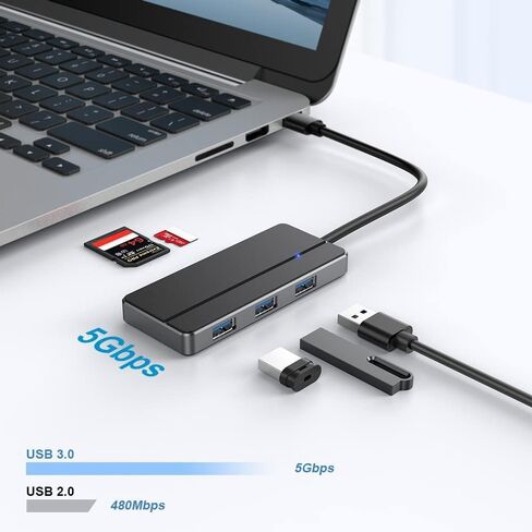 5-in-1 USB 3.0 Hub with 3 USB Ports, SD & Micro SD Card Reader, USB-A to USB-C Adapter, 5Gbps Data Transfer, Plug & Play for MacBook Pro/Air, iMac, Dell XPS, Surface Pro, Chromebook in Kuwait