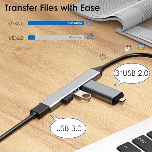 موزع USB متعدد المنافذ من الألومنيوم، مقسم 4 منافذ USB 2.0/3.0، محول بيانات محمول رفيع للغاية لنظام التشغيل Windows/Mac/Android/Linux in Kuwait