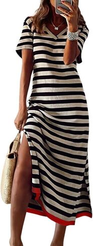 Dokotoo Summer Dress Casual Womens Fashion Short Sleeve Maxi Dress T Shirt Dress Striped Long Color Block Maxi Dress in Saudi Arabia