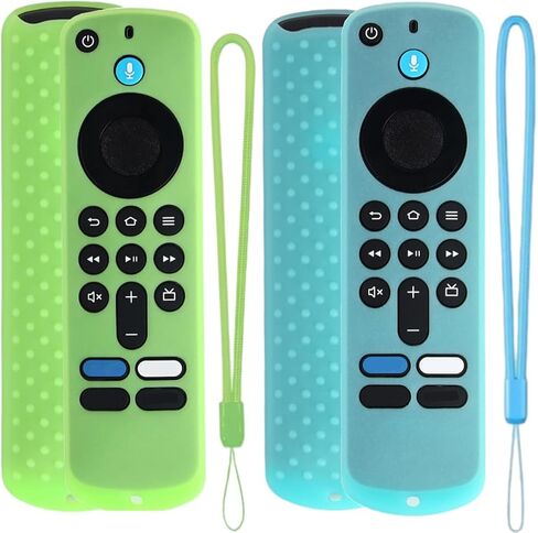 قطعتان من غطاء السيليكون لجهاز التحكم عن بعد Fire Stick، حافظة واقية لجهاز Alexa Fire TV Remote 4K بديل متوافق مع غطاء الجلد عن بعد Firestick، مضاد للانزلاق، يتوهج في الظلام، مع حبل قصير، أخضر + أزرق in Kuwait