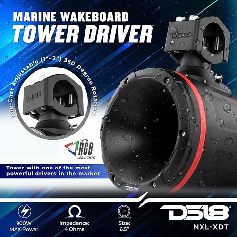 DS18 Hydro NXL-XDT/BK مكبر صوت برجي للسائق مقاس 1.75 بوصة مع مصابيح LED RGB مدمجة، مقاوم للماء، مستقر للأشعة فوق البنفسجية، 900 واط، 4 أوم - لجميع عناصر السيارات، ATVs، UVTs (تباع كمفردة) in Kuwait