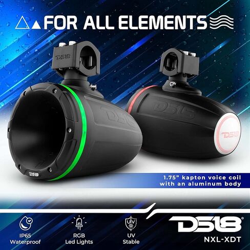 DS18 Hydro NXL-XDT/BK مكبر صوت برجي للسائق مقاس 1.75 بوصة مع مصابيح LED RGB مدمجة، مقاوم للماء، مستقر للأشعة فوق البنفسجية، 900 واط، 4 أوم - لجميع عناصر السيارات، ATVs، UVTs (تباع كمفردة) in Kuwait