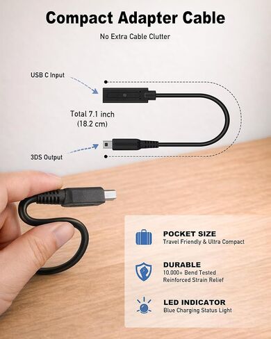 USB-C to 3DS Charger Cable for Nintendo 3DS / 2DS / DSi – USB-C Female Input – Supports 5V PD & Standard USB-C Chargers in Kuwait