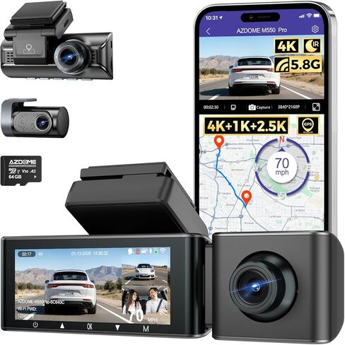 AZDOME M550 Max 4K 3 Channel Dash Cam Front and Rear Inside, Dual STARVIS 2 | 4K+2.5K+1080P Car Dash Camera for Cars, 24H Parking Mode, WiFi & GPS, App AR Effects, IR Night Vision, WDR, with 64GB Card in Saudi Arabia