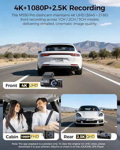 AZDOME 3 Channel Dash Cam Front and Rear Inside, 4K+1080P+2.5K ADAS Dash Cam, 3.19'' IPS Car Camera, 5.8G WiFi GPS Dash Cam for Cars, Voice Control, Night Vision, 24/7 Parking Mode, 64GB Card M550 Pro in Kuwait