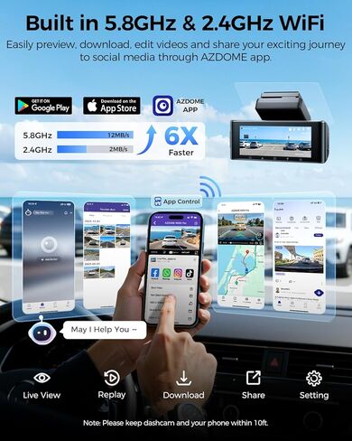 AZDOME 3 Channel Dash Cam Front and Rear Inside, 4K+1080P+2.5K ADAS Dash Cam, 3.19'' IPS Car Camera, 5.8G WiFi GPS Dash Cam for Cars, Voice Control, Night Vision, 24/7 Parking Mode, 64GB Card M550 Pro in Kuwait