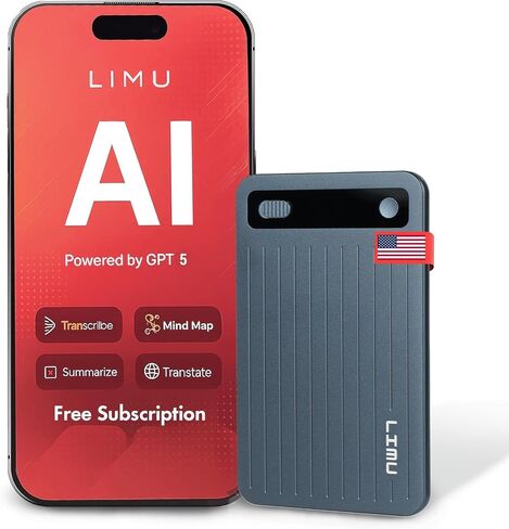 قلم تسجيل صوتي LIMU AI مع التحكم في التطبيق - جهاز تدوين ملاحظات AI بتصميم ألماني سعة 64 جيجابايت - ترجمة GPT 5 وملخصات وخرائط ذهنية 125 لغة، 400 دقيقة/شهر، مسجل صوت 25 ساعة مع النسخ in Kuwait